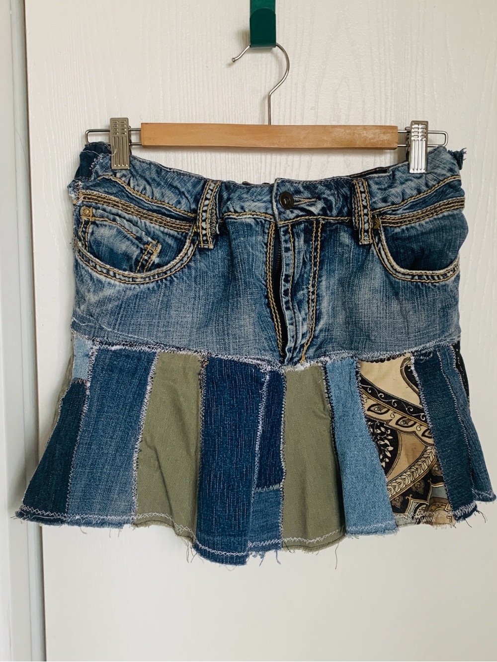 Denim Patchwork Mini Skirt - Blue & Olive